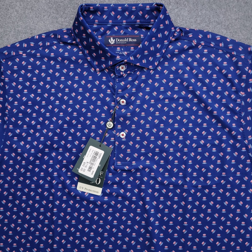 Donald Ross Polo Shirt Mens L Blue Uncle Sam AOP Sport Performance Golf